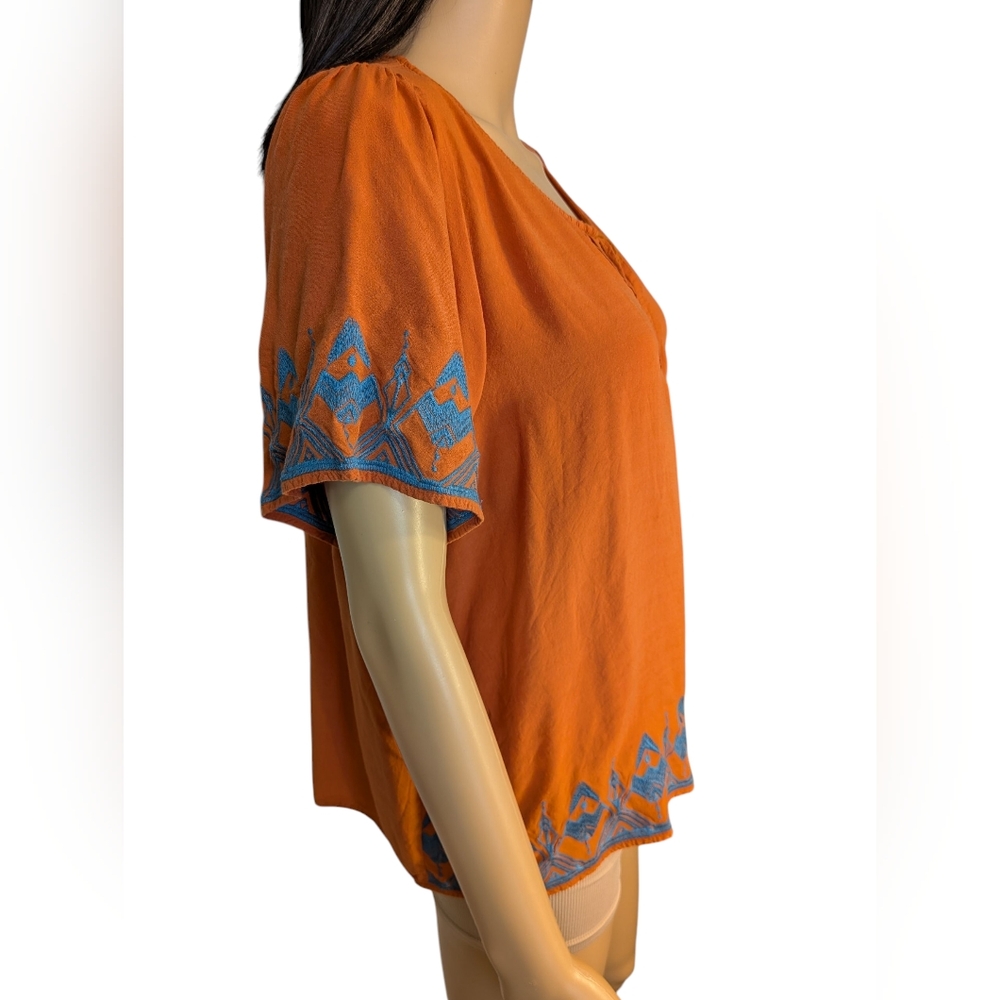Umgee Burnt Orange and Blue Embroidery Boho Shirt - Picture 2 of 13